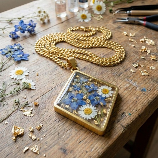 Epoksi Basık Kare Model Metal Kolye Takı Ucu (5 Adet)