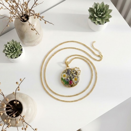 Epoksi Çember İçinde Kedi Model Metal Kolye Takı Ucu (5 Adet)