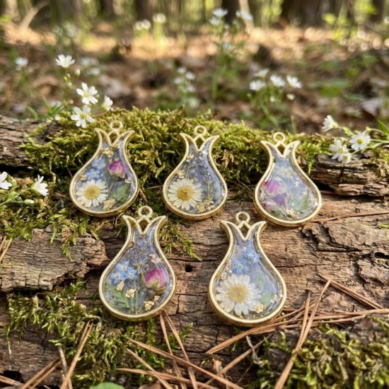 Epoksi Lale Model Metal Kolye Takı Ucu (5 Adet)