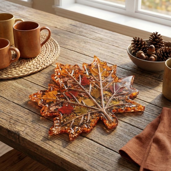 Epoksi Damar Detaylı Çınar Yaprağı Bardak Altlığı Kalıbı 13 CM