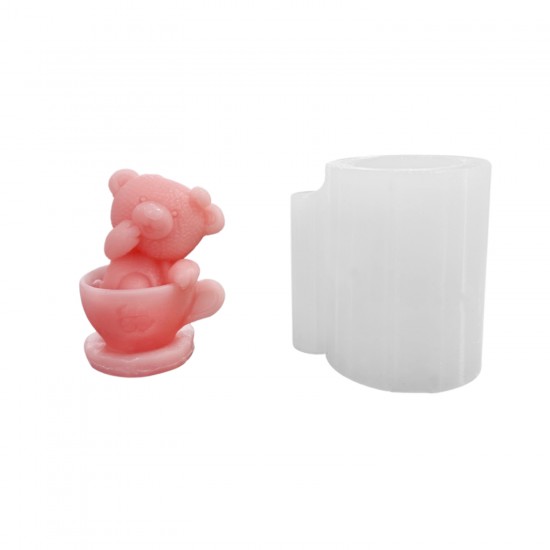 Silikon 3D Fincan İçine Oturmuş Sevimli Ayıcık Mum Kalıbı