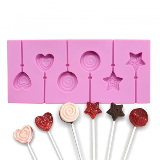 Silikon Yıldız Kalp ve Daire Şeklinde Şeker Lolipop Kalıbı 6 Lı