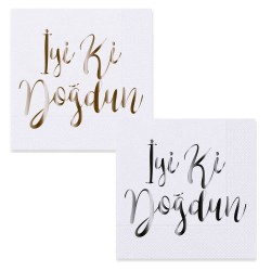 Kağıt Peçete Beyaza Varak Baskılı İyiki Doğdun 33X33 CM (16 Adet)