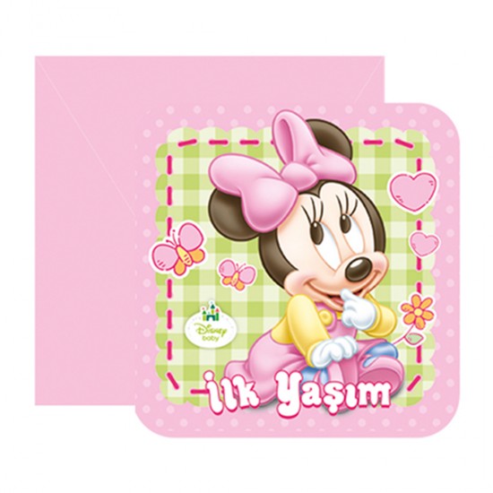 Minnie Mouse İlk Yaşım Parti Davetiyesi (6 Adet)