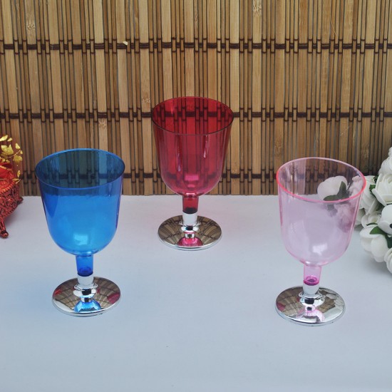 Plastik Şarap Bardağı Komple Renkli Gümüş Ayaklı (6 Adet)